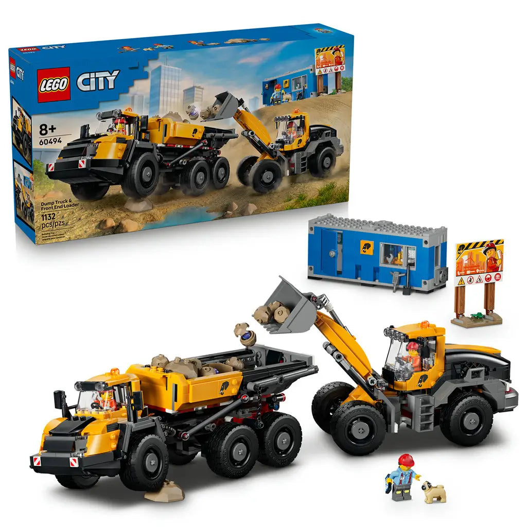 LEGO City Dump Truck & Front End Loader set 60494 in yellow, black, gray, and blue plastic bricks includes two construction vehicles, site office, safety sign, workers, rocks, and dog.