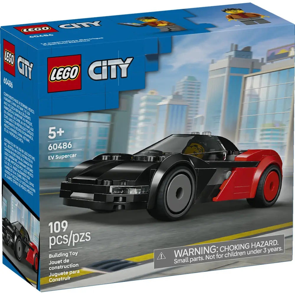 LEGO City EV Supercar box front featuring blue cardboard packaging with city graphics, a black and red electric sports car model, LEGO minifigure driver, age 5+ label, and clear product branding.