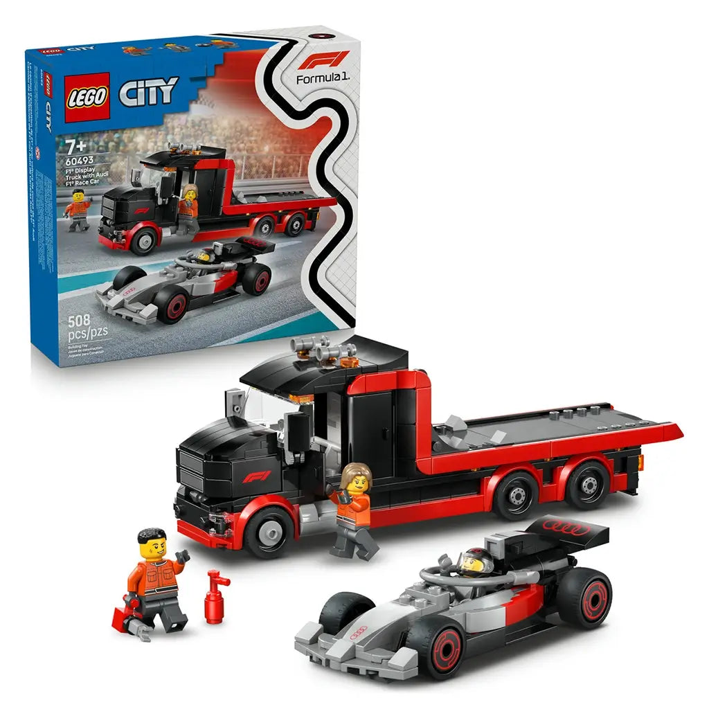 LEGO City F1 display truck with Audi race car in red, black, and gray plastic, long flatbed transporter and sleek race car model, building toy shown with retail box on a studio background.