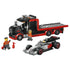 LEGO City F1 truck and Audi race car in red, black, and gray plastic, long flatbed transporter with detailed cab and sleek race car, product display on a clean white background.