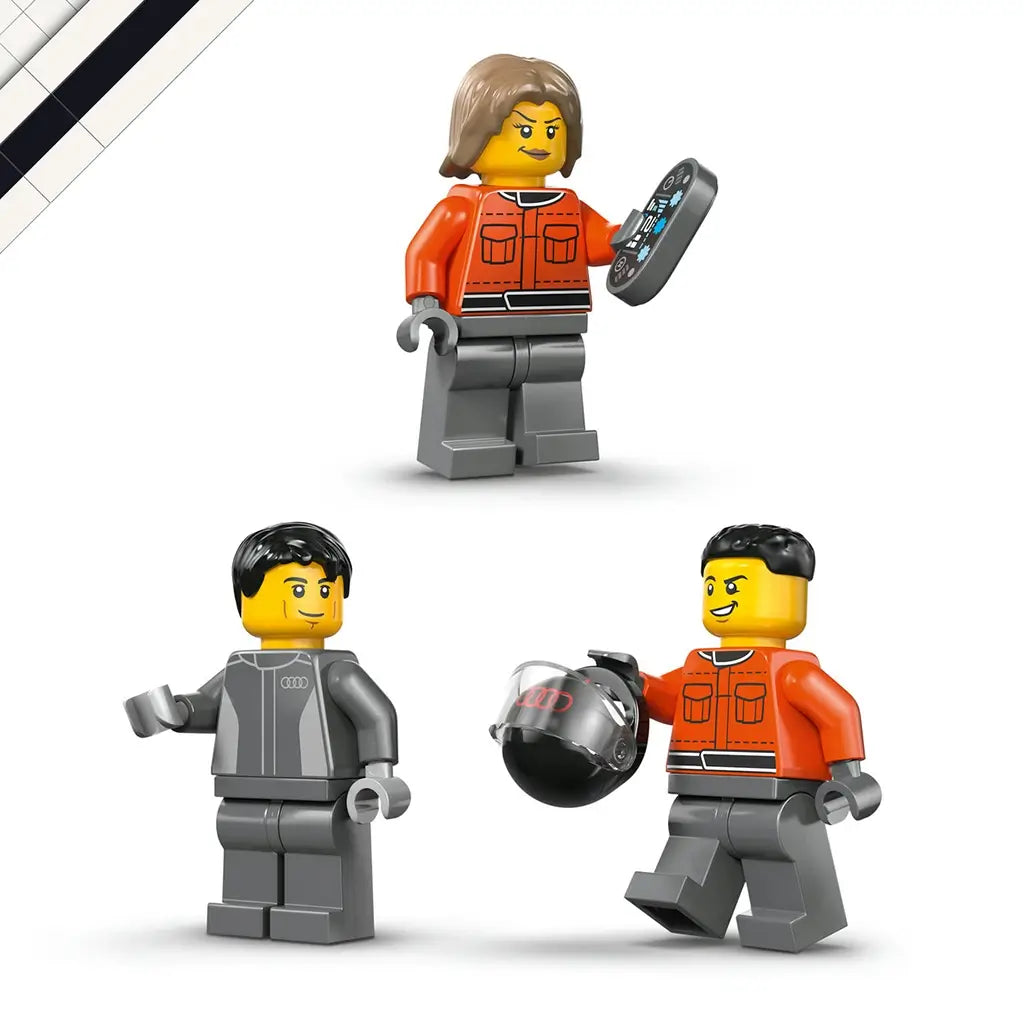 LEGO City minifigures set in yellow, orange, gray, and black plastic, small articulated figures holding tools and helmet, racing pit crew characters arranged on a clean white background.