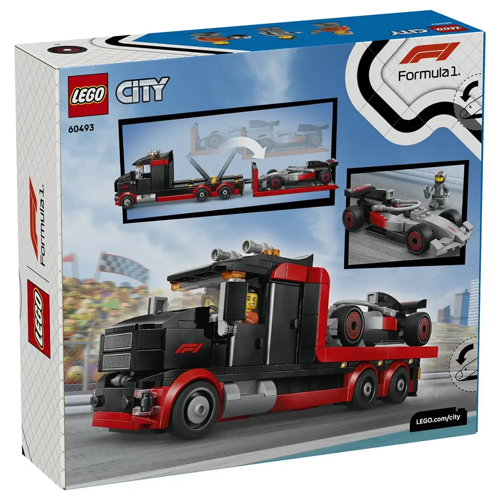 LEGO City F1 set packaging back in blue and white cardboard, rectangular box showing build features, truck and race car functions, product details on a bright illustrated background.