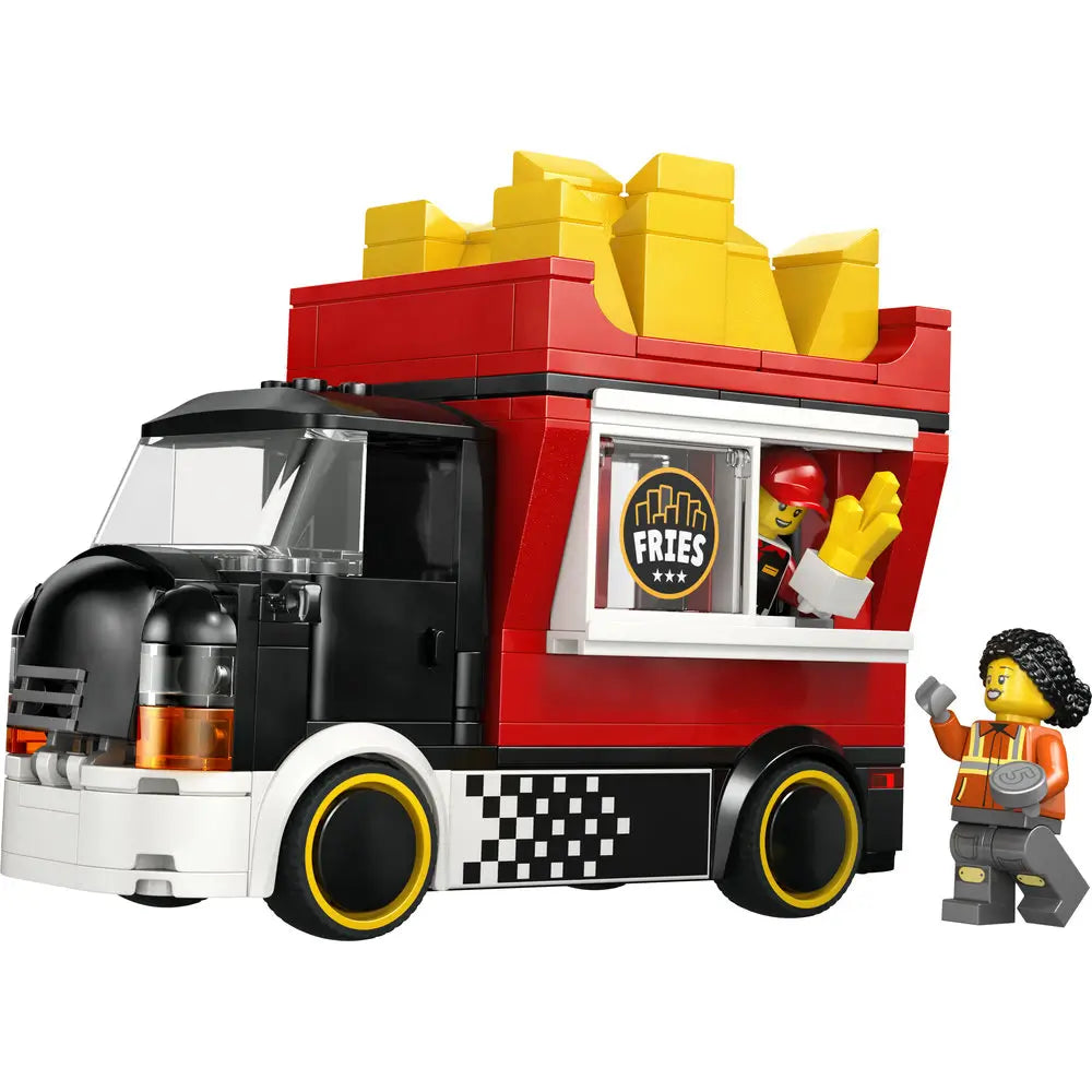 LEGO City fries food truck featuring a red and black plastic street food vehicle with yellow fry pieces on the roof, serving window, rolling wheels, and minifigures for imaginative city roleplay.
