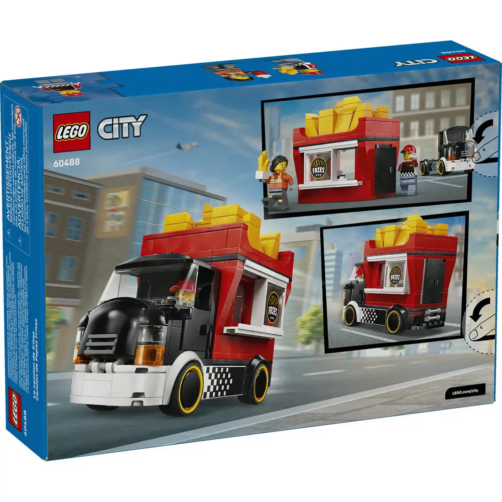 LEGO City Fries Food Truck box back illustrating play features, opening service window, removable fry roof, minifigures, and multiple angles of the truck in city street scenes.