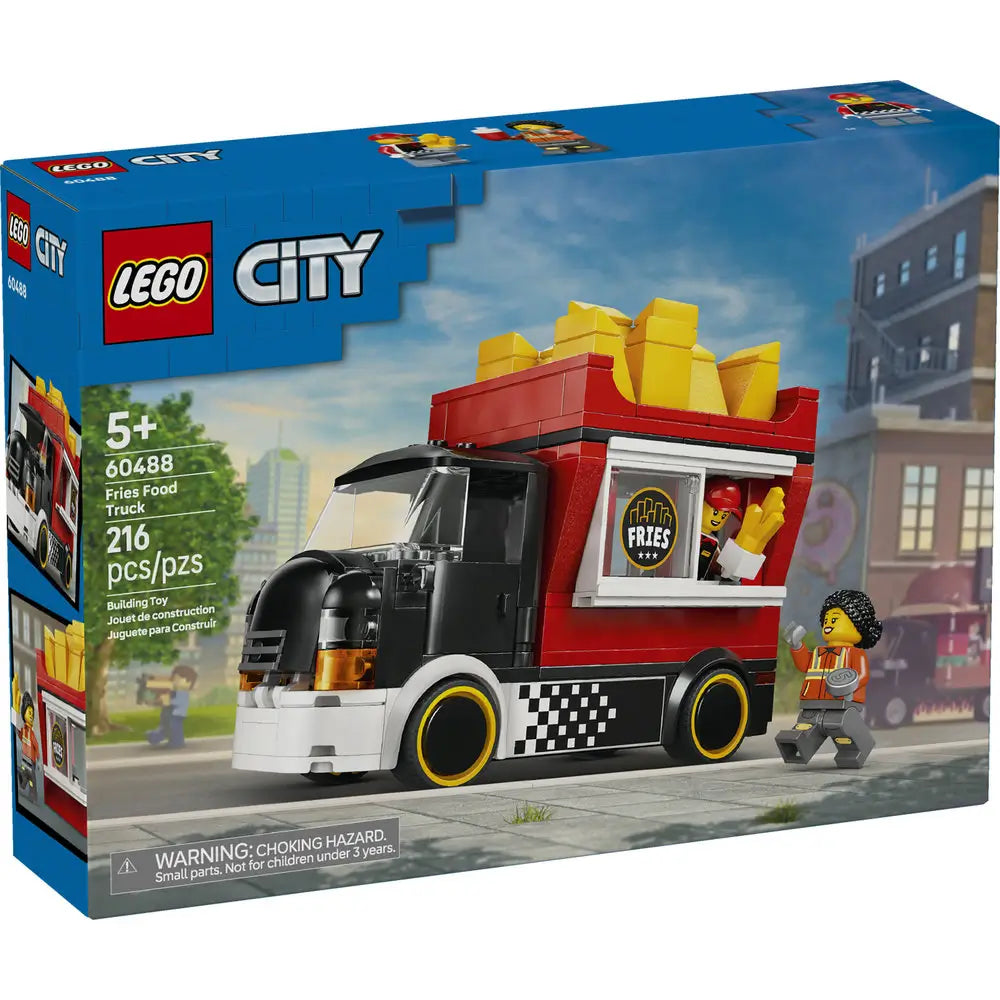 LEGO City Fries Food Truck box front displaying blue branded packaging with a red fry truck, oversized fries sign, vendor minifigure, customer minifigure, and urban street background artwork.