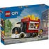 LEGO City Fries Food Truck box front displaying blue branded packaging with a red fry truck, oversized fries sign, vendor minifigure, customer minifigure, and urban street background artwork.