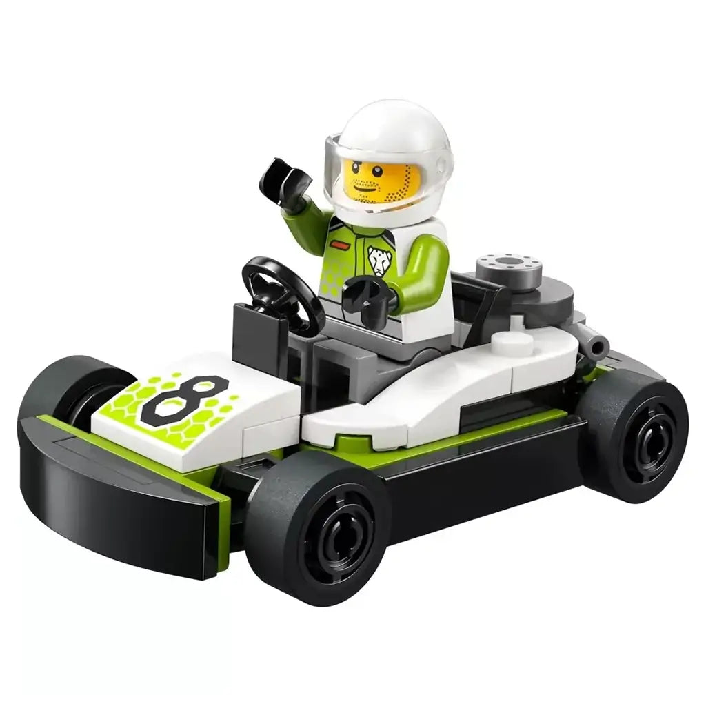 LEGO City Go-Kart Racer toy in white, lime green, black, and gray plastic, with a helmeted driver, number 8 hood, steering wheel, and four tires on white.