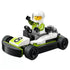 LEGO City Go-Kart Racer toy in white, lime green, black, and gray plastic, with a helmeted driver, number 8 hood, steering wheel, and four tires on white.