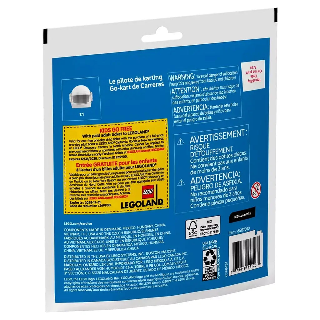 LEGO City Go-Kart Racer package back in white and blue, with helmet image, multilingual safety warnings, LEGOLAND offer, recycling marks, and barcode.