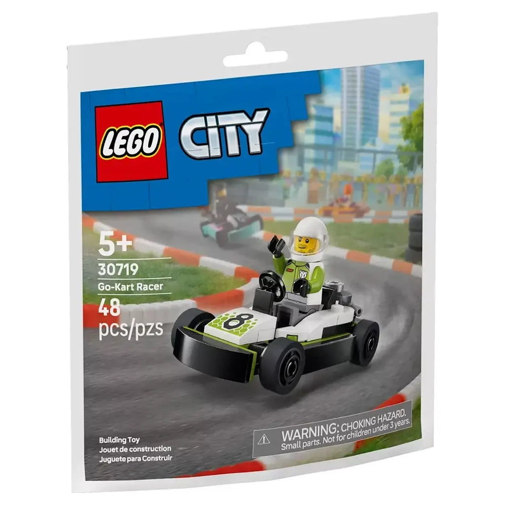 LEGO City Go-Kart Racer 30719 package in white and blue, showing the lime green, black, and gray 48-piece kart with helmeted driver racing on a track.