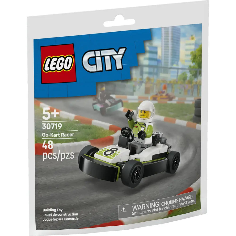 LEGO City Go-Kart Racer set packaging in blue and gray cardboard, showing the assembled kart racing on a city track with motion blur, LEGO City branding, age 5 plus label, piece count, and safety warning on the front.