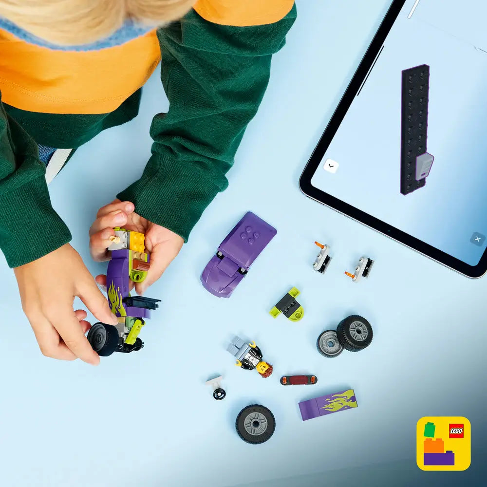 LEGO City Hot Rod building activity with purple and lime green plastic pieces, rounded panels, wheels, and small parts, assembled by a child beside a tablet showing digital instructions on a light blue surface.