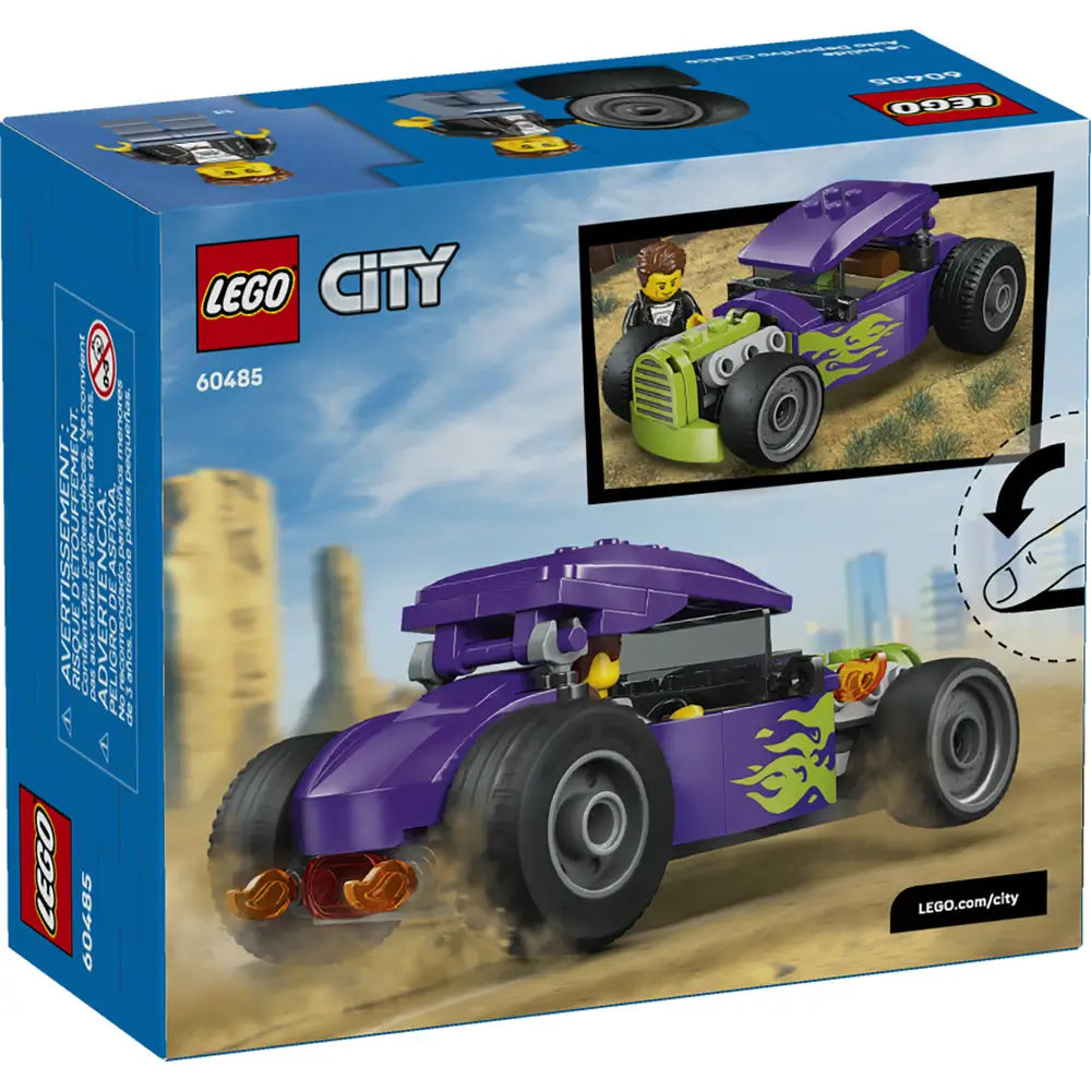 LEGO City Hot Rod package back displaying blue LEGO City box with rear view of the purple and lime green hot rod, play features, alternate angles, minifigure action scene, and illustrated desert setting.