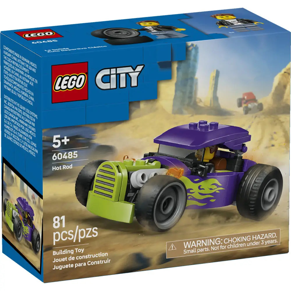 LEGO City Hot Rod box front showing blue cardboard packaging with desert racing artwork, purple and lime green hot rod model, minifigure driver, age 5+ label, piece count, and clear LEGO branding.