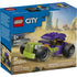 LEGO City Hot Rod box front showing blue cardboard packaging with desert racing artwork, purple and lime green hot rod model, minifigure driver, age 5+ label, piece count, and clear LEGO branding.
