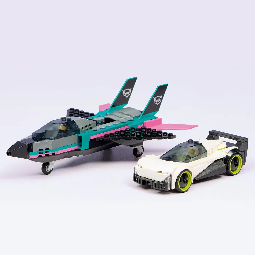 LEGO City Jet vs Car display image showing the finished jet and sports car side by side on a clean background, highlighting color contrast, vehicle shapes, and completed build details.