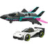 LEGO City jet vs car playset featuring a dark gray plastic jet with teal and pink accents, swept wings, twin tail fins, and a white sports car with lime wheels for high-speed chase play.