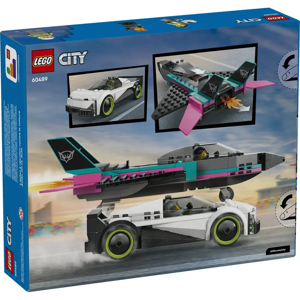 LEGO City Jet vs Car box back illustrating play features, alternate angles of the jet and car, flame exhaust action, minifigures, and step-by-step play scenarios on branded packaging.