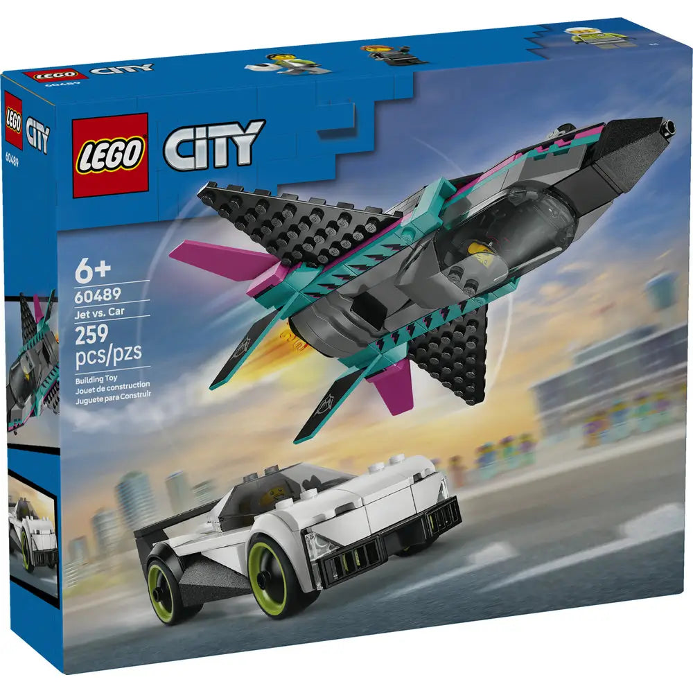 LEGO City Jet vs Car box front displaying blue retail packaging with a sleek jet flying above a white sports car, motion effects, minifigures, age guidance, and dynamic city chase artwork.