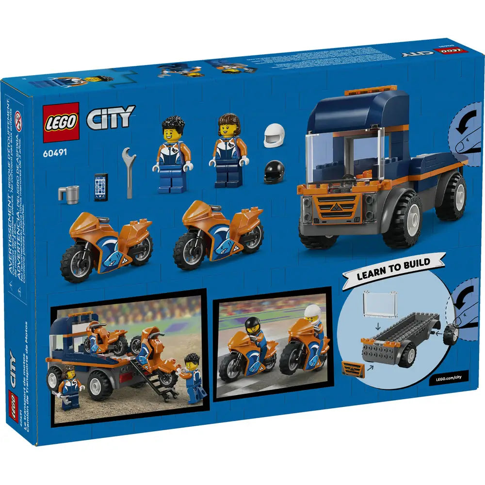 LEGO City Motorcycle Transporter box back displaying illustrated play features, simple build steps, loading ramp, motorcycles, rider minifigures, and action scenes on retail packaging.