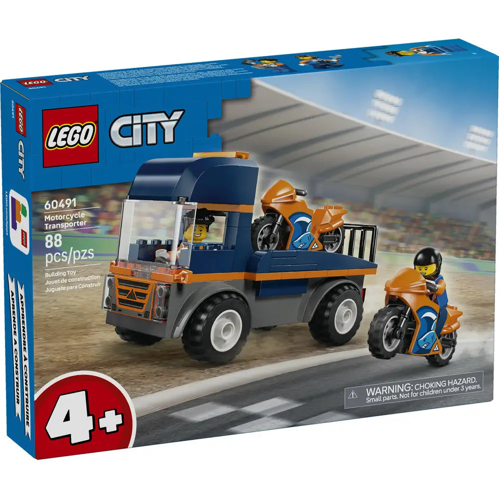 LEGO City Motorcycle Transporter box front showing blue branded packaging with a transport truck, two racing motorcycles, rider minifigures, stadium setting, and age 4+ building details.