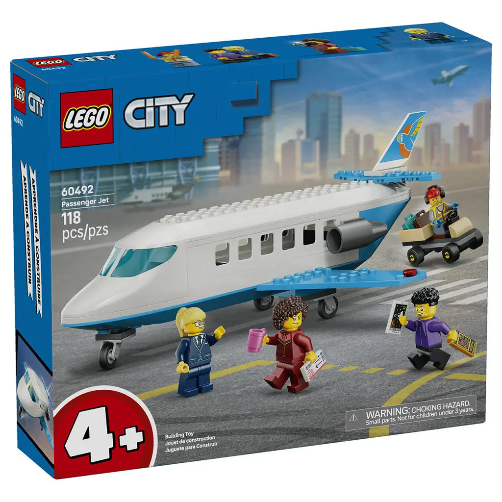 LEGO City Passenger Jet 60492 box has blue cardboard packaging with a white and blue airplane, four minifigures, baggage cart, 118-piece count and 4+ age mark.