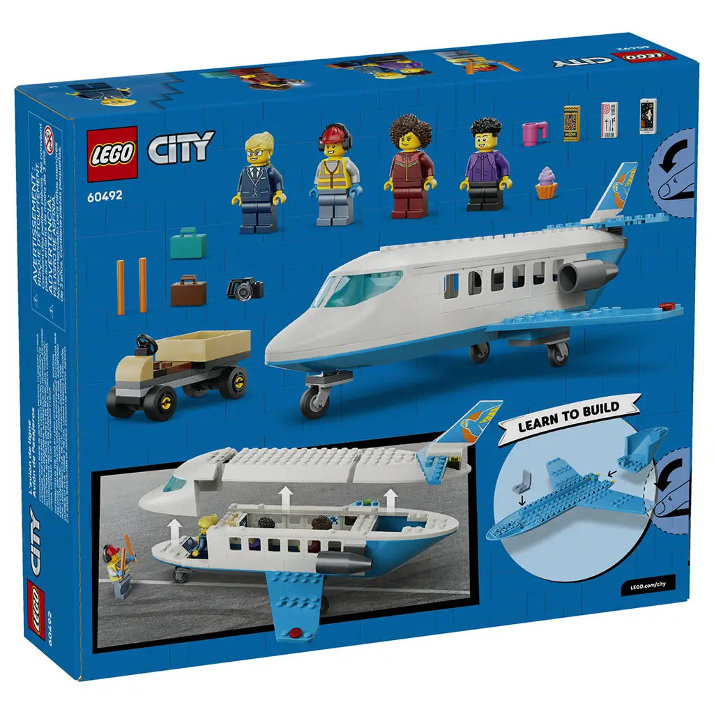 LEGO City Passenger Jet 60492 box back uses blue cardboard graphics to show the white and blue airplane, four minifigures, baggage cart, accessories and build features.