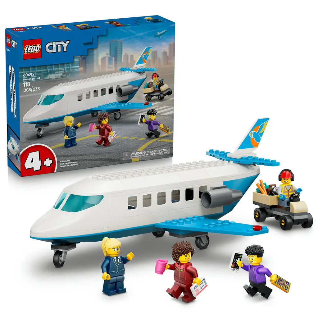 LEGO City Passenger Jet 60492 set shows a white and blue plastic airplane, four minifigures, baggage cart and blue retail box together on a white background.