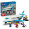 LEGO City Passenger Jet 60492 set shows a white and blue plastic airplane, four minifigures, baggage cart and blue retail box together on a white background.