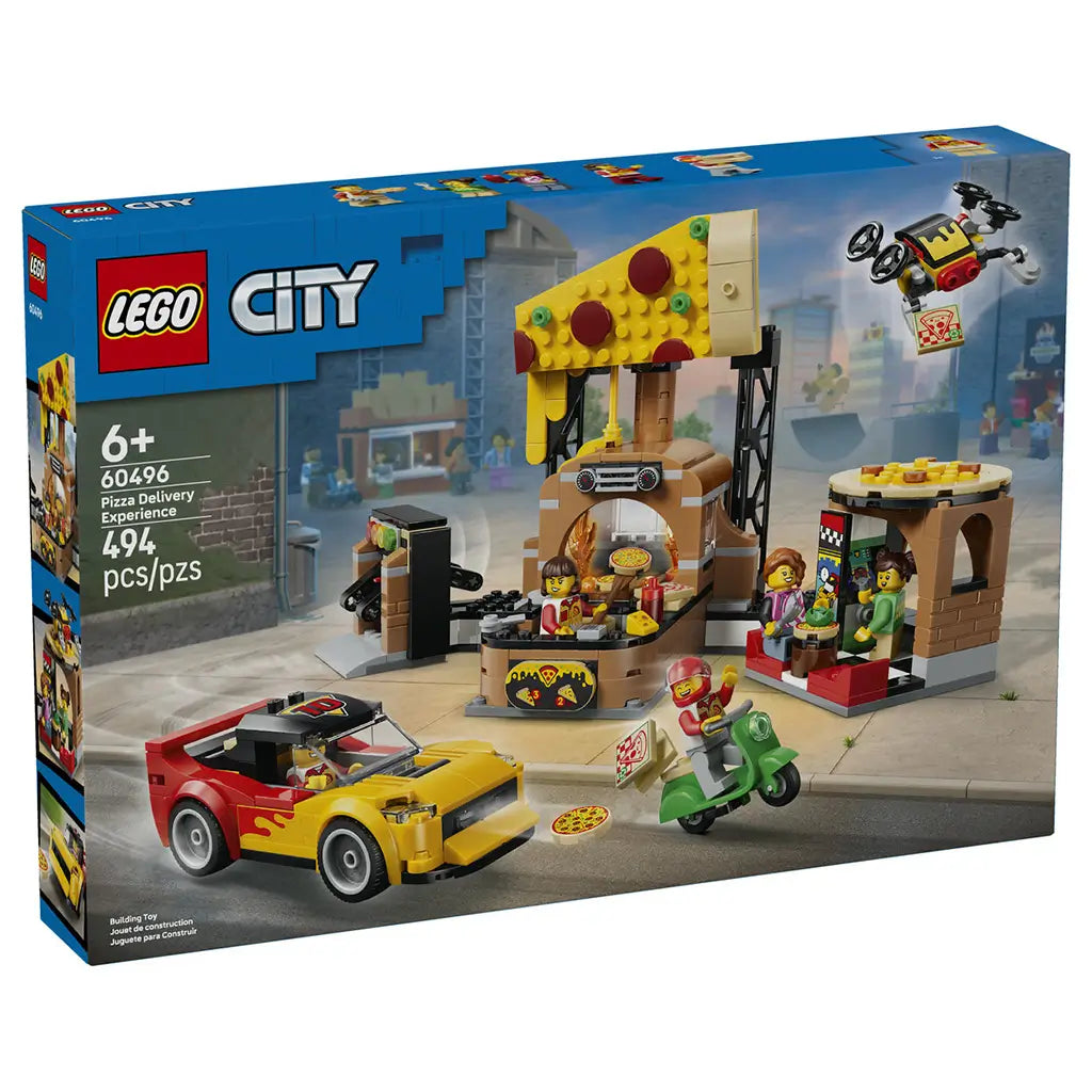LEGO City Pizza Delivery Experience set 60496 box front in blue shows a yellow pizza-slice roof, brown pizza shop, red-and-yellow sports car, green scooter, drone, and minifigures.