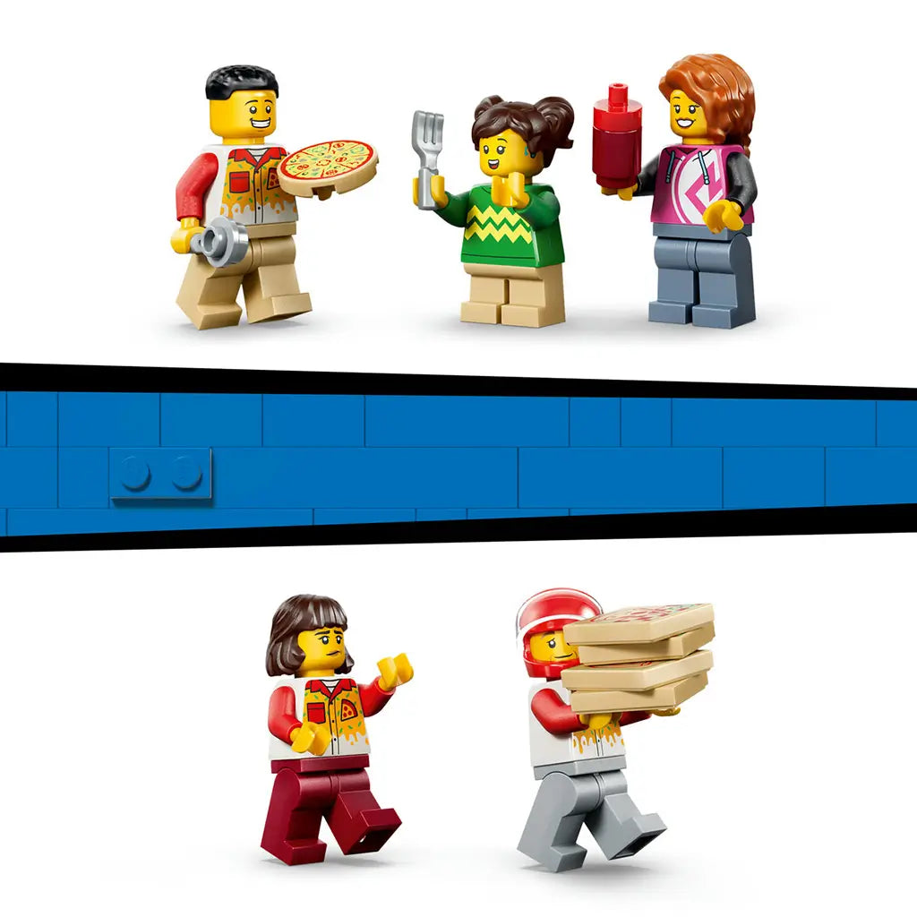 LEGO City pizza delivery minifigures in colorful plastic outfits include workers and customers holding a pizza, fork, sauce bottle, pizza cutter, and stacked pizza boxes.