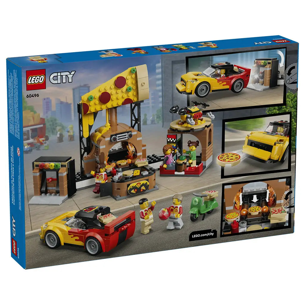 LEGO City Pizza Delivery Experience set 60496 box back in blue shows the yellow and brown pizza shop, red-and-yellow car, green scooter, drone, and play feature scenes.