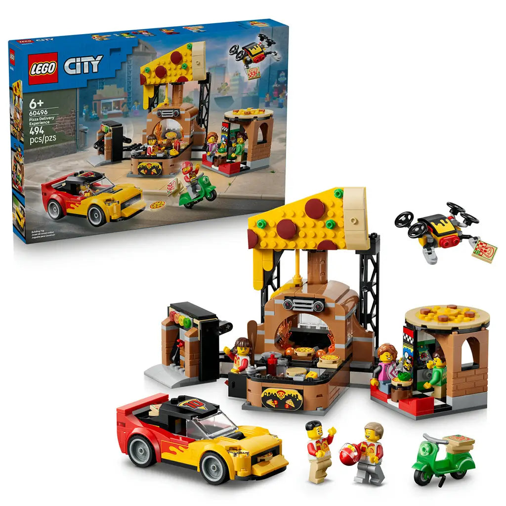 LEGO City Pizza Delivery Experience set 60496 in yellow, brown, red, and green plastic bricks includes a pizza shop, sports car, green scooter, delivery drone, and minifigures.