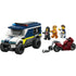 LEGO City police prisoner transport van in dark blue, white, and gray plastic bricks with a boxy armored shape, large black wheels, barred side windows, roof light bar, and police, prisoner, and thief minifigures on a white background.