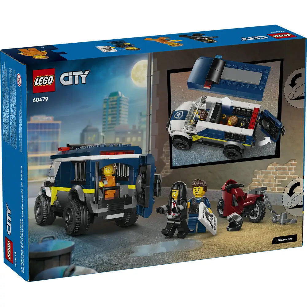 LEGO City Police Prisoner Transport Van package back displaying blue LEGO City box art with rear and top views of the dark blue and white van, opening roof feature, minifigures, motorcycle, play functions, and illustrated city graphics.