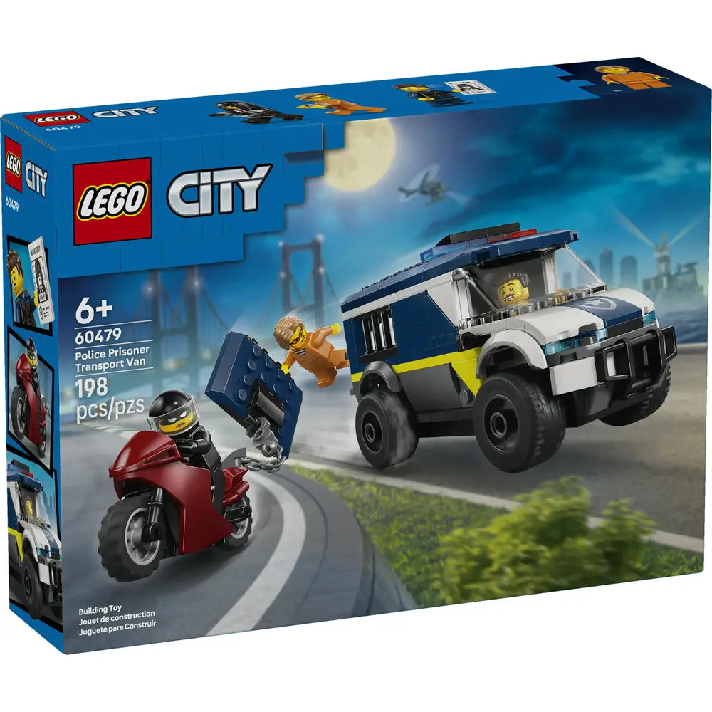 LEGO City Police Prisoner Transport Van box front with blue cardboard packaging, nighttime city chase artwork, dark blue and white police van, motorcycle, minifigures, age 6+ label, piece count, warning text, and LEGO City branding.
