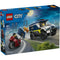 LEGO City Police Prisoner Transport Van box front with blue cardboard packaging, nighttime city chase artwork, dark blue and white police van, motorcycle, minifigures, age 6+ label, piece count, warning text, and LEGO City branding.