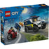 LEGO City Police Prisoner Transport Van box front with blue cardboard packaging, nighttime city chase artwork, dark blue and white police van, motorcycle, minifigures, age 6+ label, piece count, warning text, and LEGO City branding.