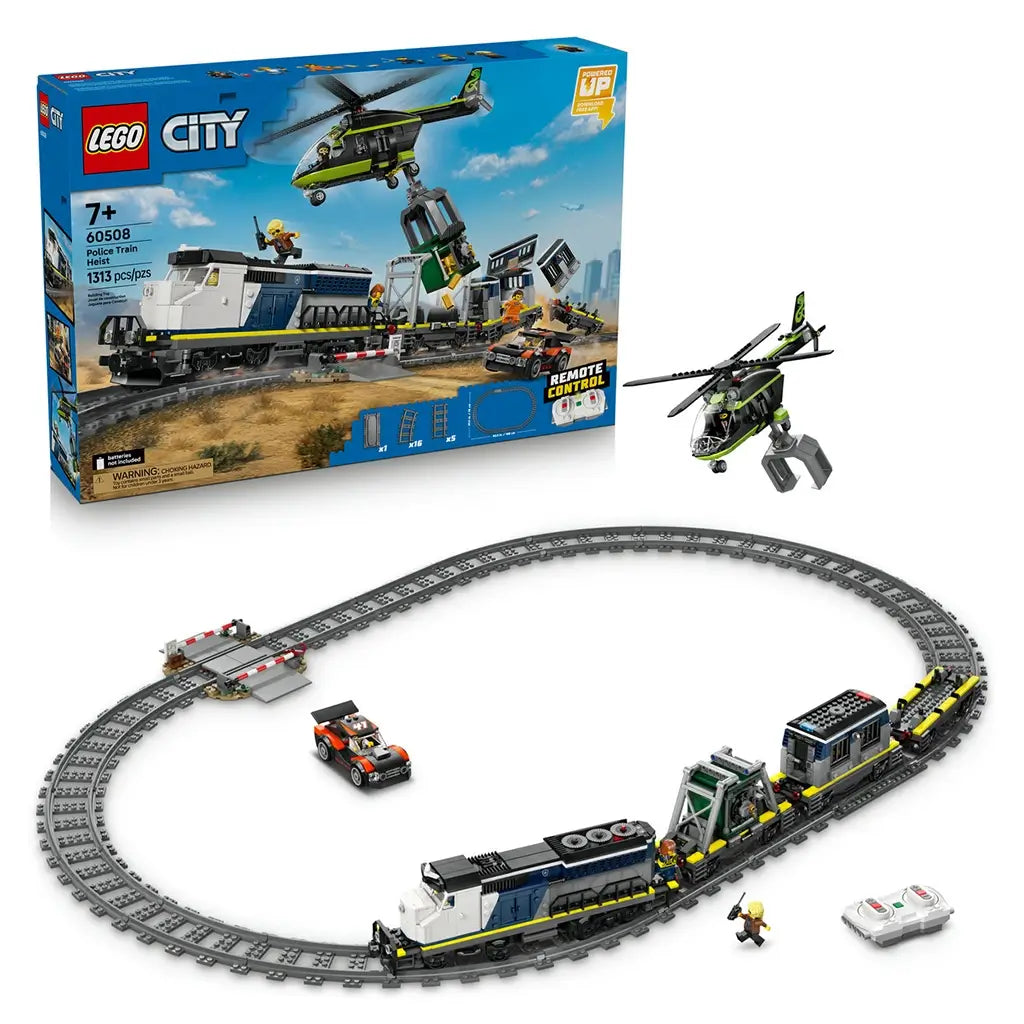 LEGO City police train set with box in blue cardboard, long locomotive and cargo cars with helicopter and car, building toy displayed with packaging on a plain studio background.