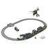 LEGO City police train build in blue and gray plastic, long circular track with locomotive, cargo cars, helicopter, and car, action toy layout on a clean white background.