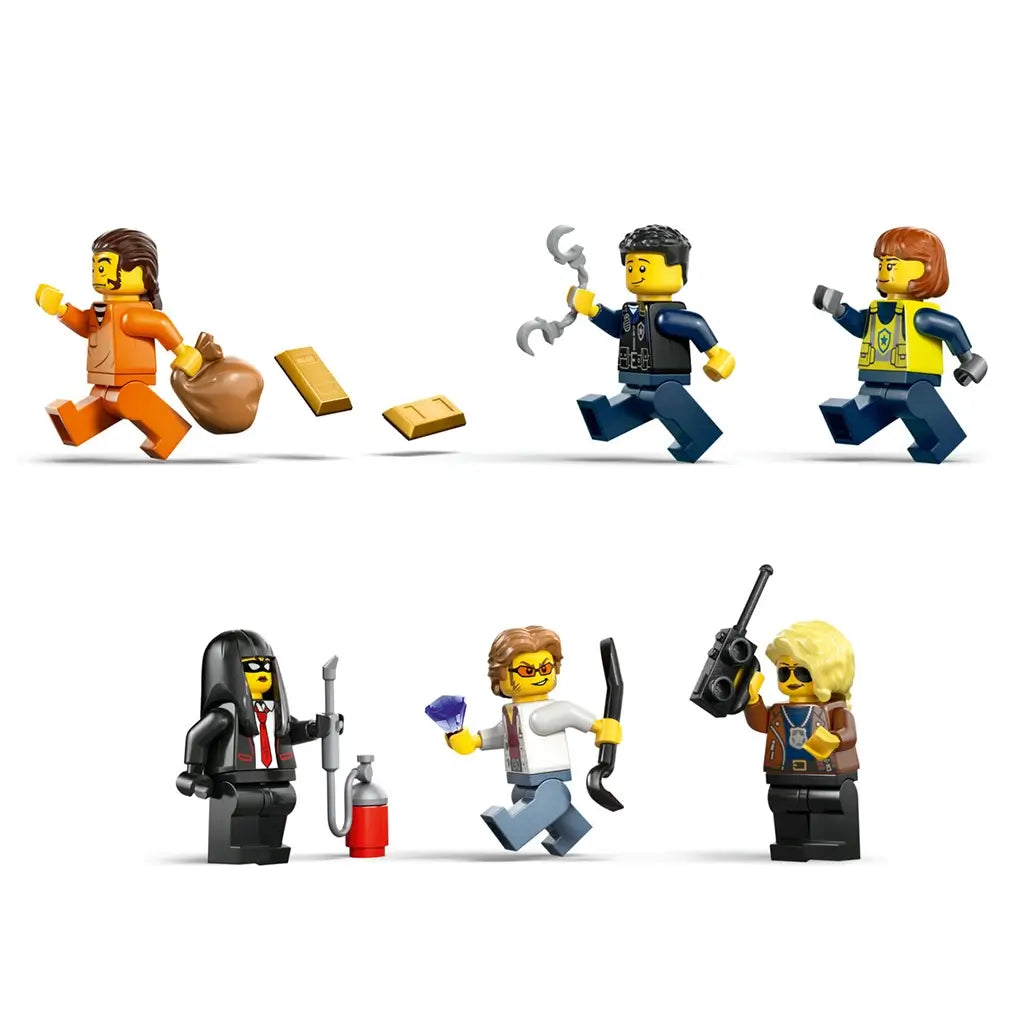 LEGO City minifigures in yellow, blue, and black plastic, small police and robber characters with tools and accessories, action figures arranged in a lineup on a clean neutral background.