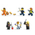 LEGO City minifigures in yellow, blue, and black plastic, small police and robber characters with tools and accessories, action figures arranged in a lineup on a clean neutral background.