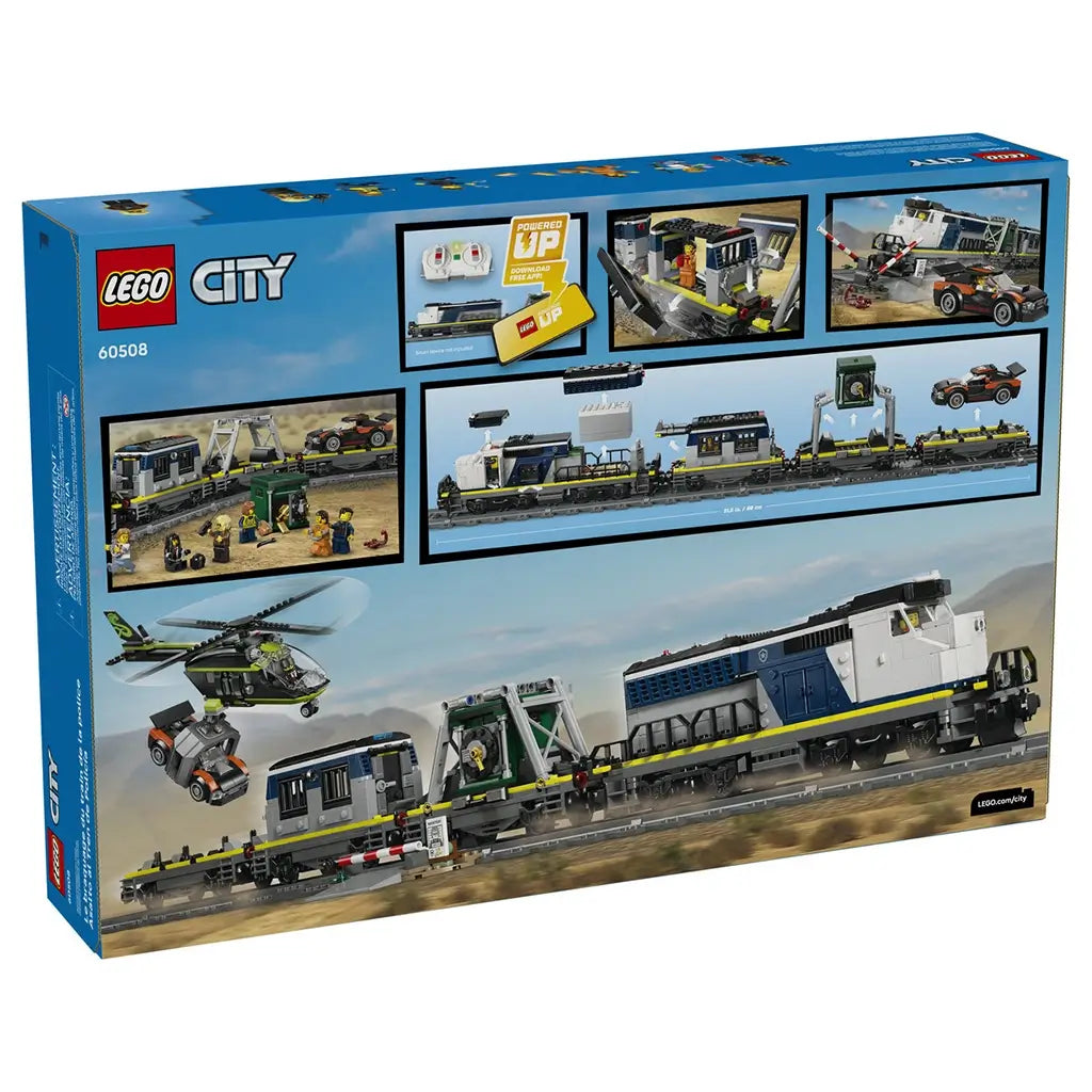 LEGO City train set packaging in blue and red cardboard, rectangular box showing build features, vehicles, and figures, product details displayed on a bright illustrated background.