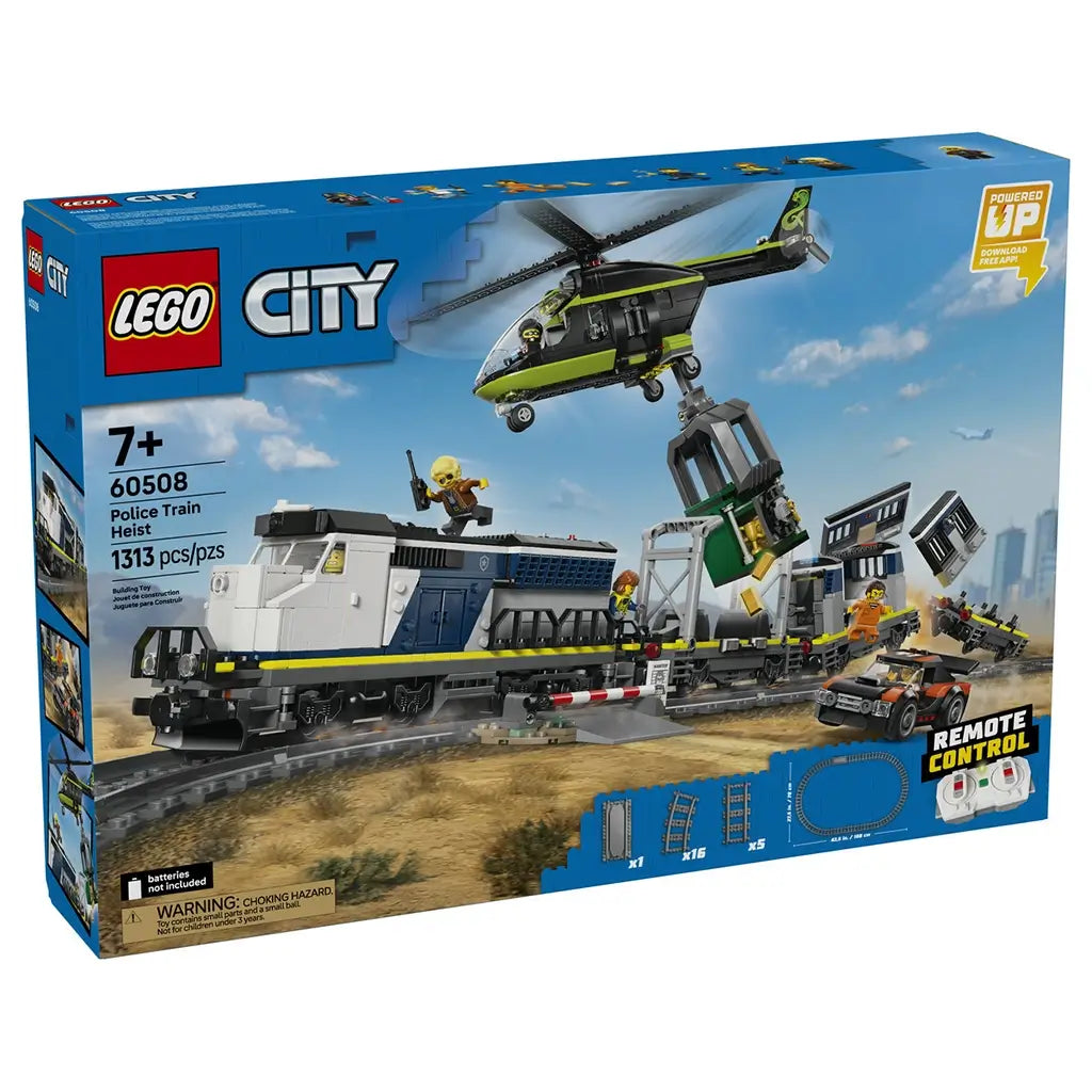LEGO City police train set in blue, gray, and black plastic, long rectangular locomotive with cargo cars and helicopter, action heist theme displayed on illustrated retail box background.