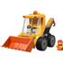 LEGO City Loader vehicle built from yellow and black plastic bricks, featuring a compact boxy cab, clear windshield, orange front bucket, six small wheels, and a construction worker minifigure on a white background.