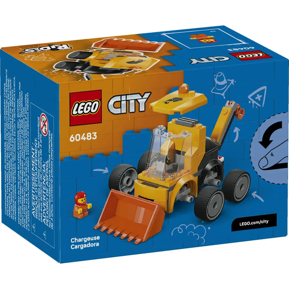 LEGO City Loader package back displaying the blue LEGO City box with rear view of the yellow loader, play features, alternate build angles, minifigure scene, and illustrated construction-themed graphics.