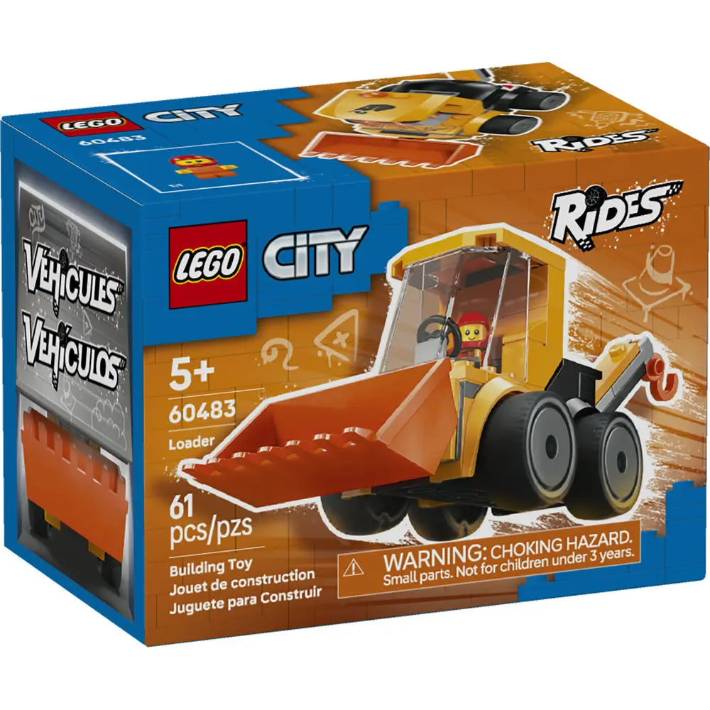 LEGO City Loader box front featuring blue and orange cardboard packaging with construction graphics, yellow loader vehicle, minifigure operator, age 5+ label, piece count, and clear LEGO City branding.