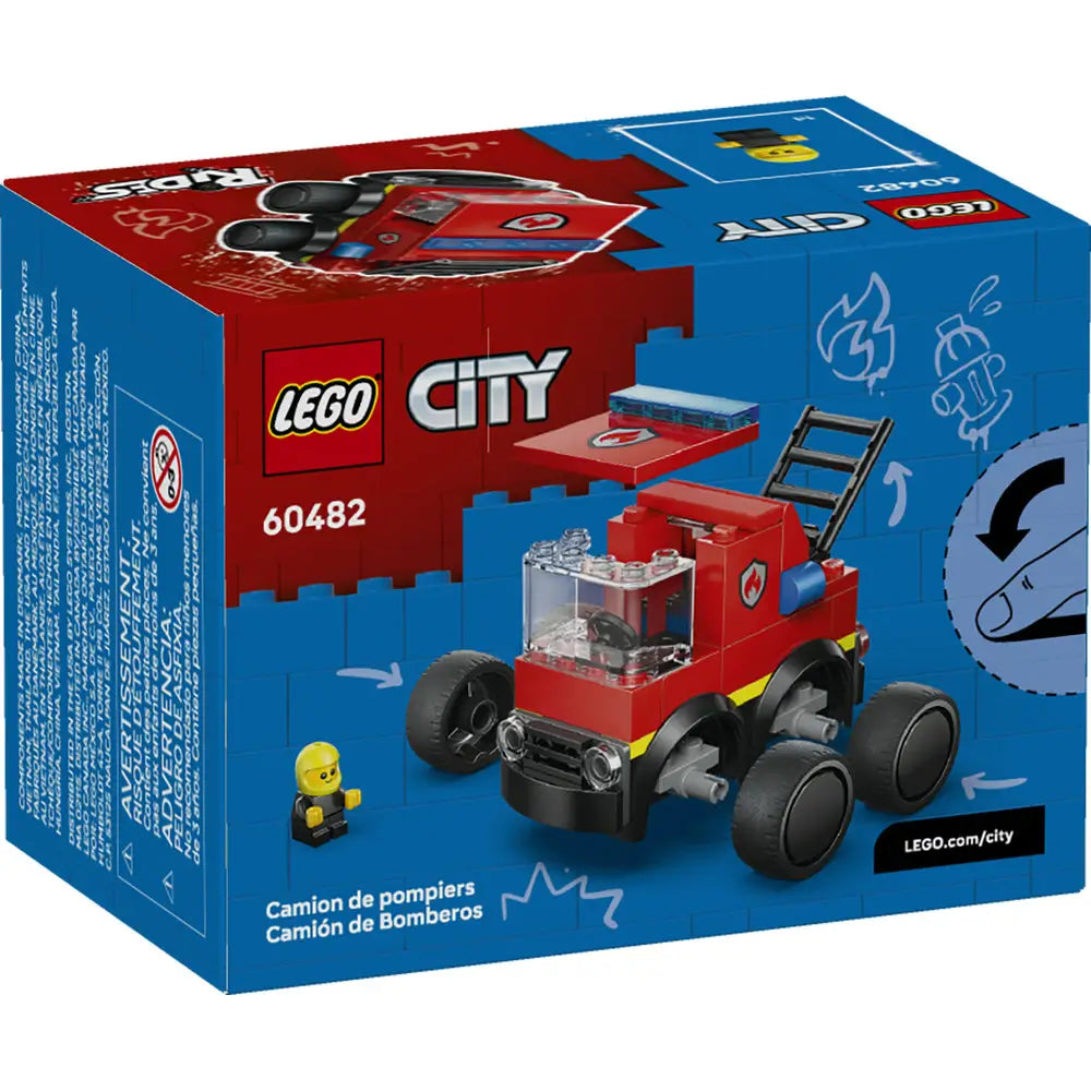 LEGO City Fire Truck package back displaying the blue LEGO City box with rear view of the red fire truck, play features, alternate build angles, firefighter minifigure scene, and illustrated emergency-themed graphics.
