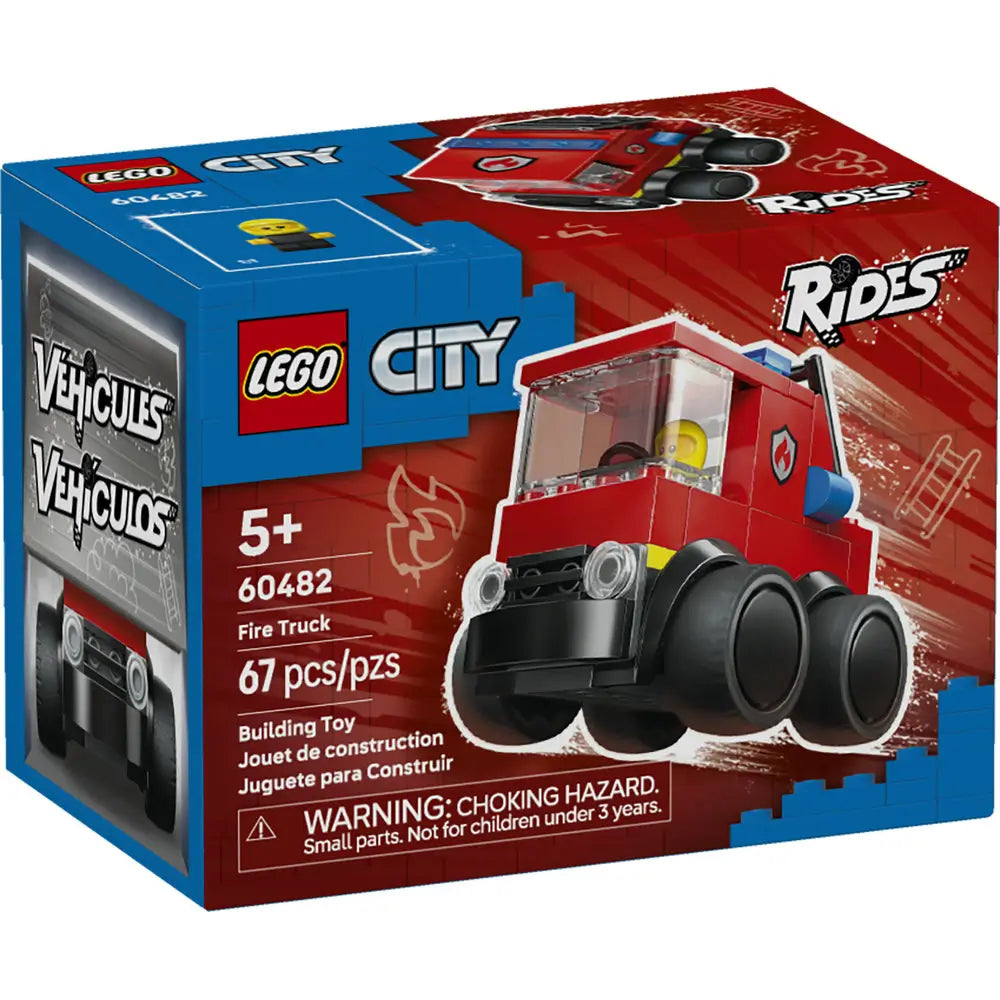 LEGO City Fire Truck box front featuring blue and red cardboard packaging with firefighting graphics, red fire truck model, minifigure firefighter, age 5+ label, piece count, and bold LEGO City branding.