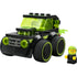 LEGO City Gaming Car built from black plastic bricks with neon green transparent panels, chunky rounded wheels, compact boxy shape, and lightning bolt exhaust detail, shown with a minifigure driver on a white background.